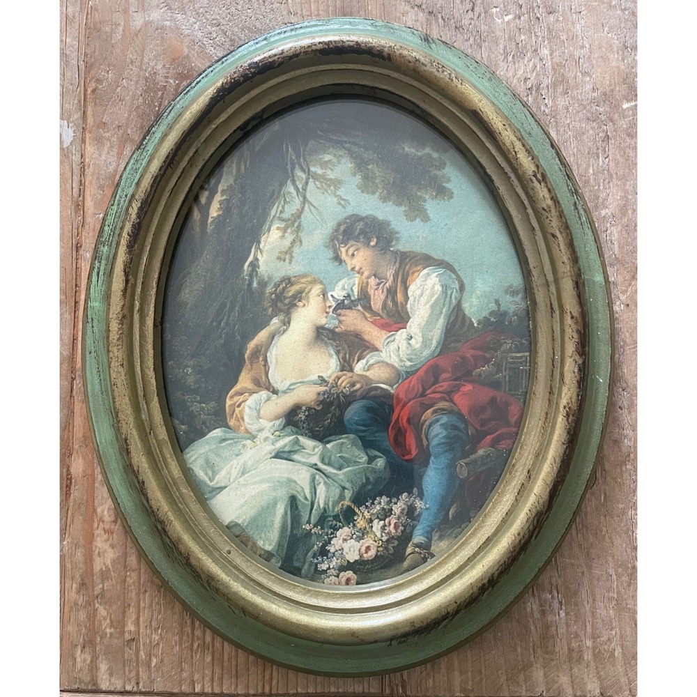 Vintage Made in Italy Oval Framed The Bird Cage Francois Boucher Rococo Print